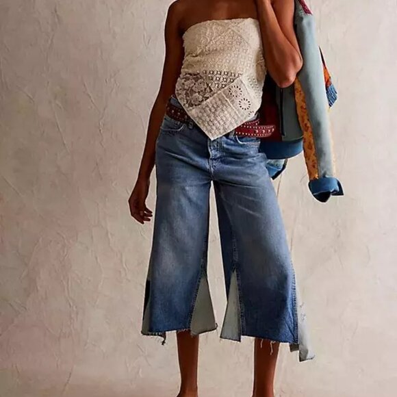 VINTAGE Free People We The Free Ripple Wide-Leg Pieced Cropped Jeans — Size 26 - Picture 1 of 5